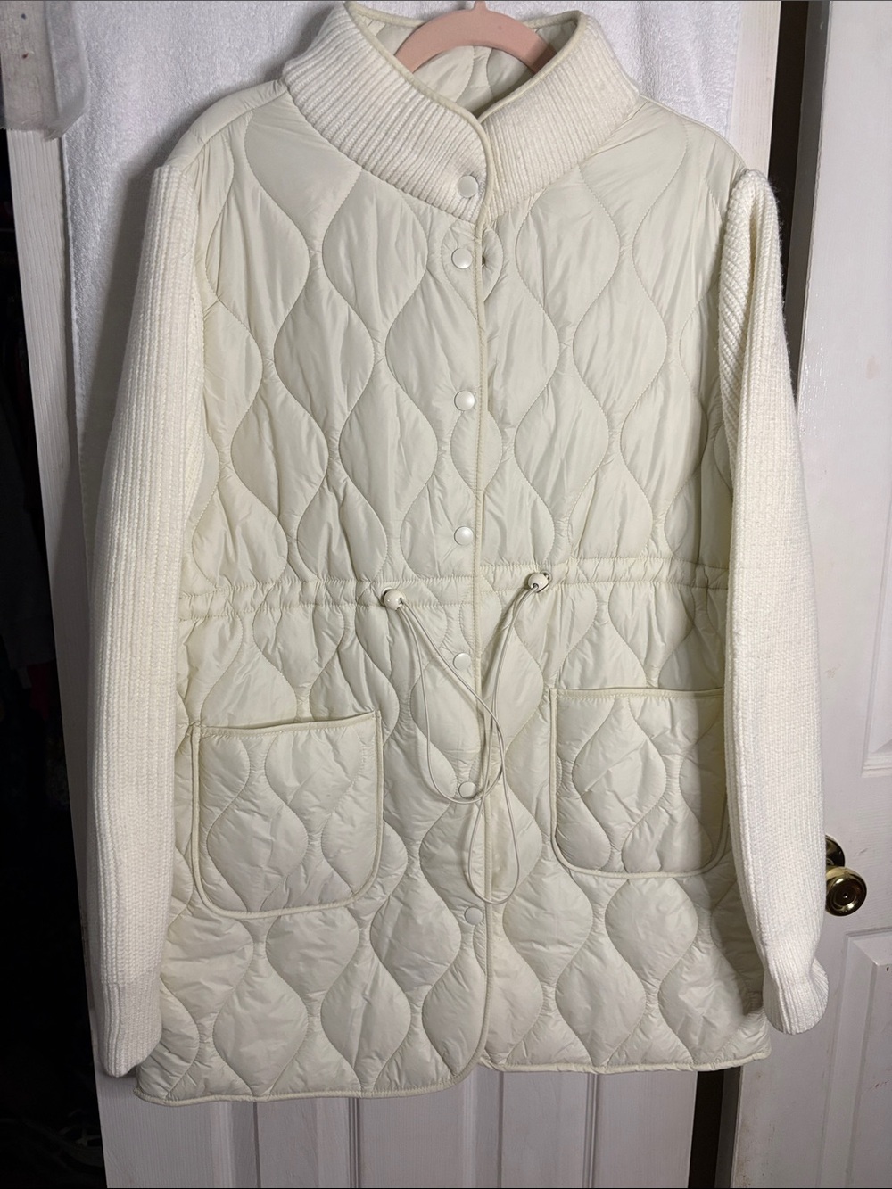 Rachel Zoe Cream Quilted Drawstring Waist Jacket with knit details